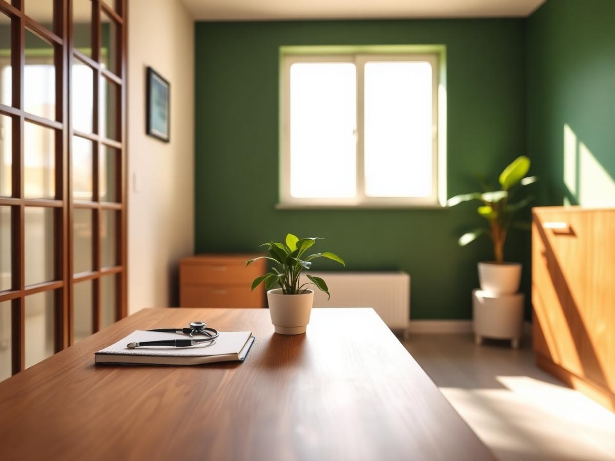 Calm homeopathic consultation room with wooden desk and plants