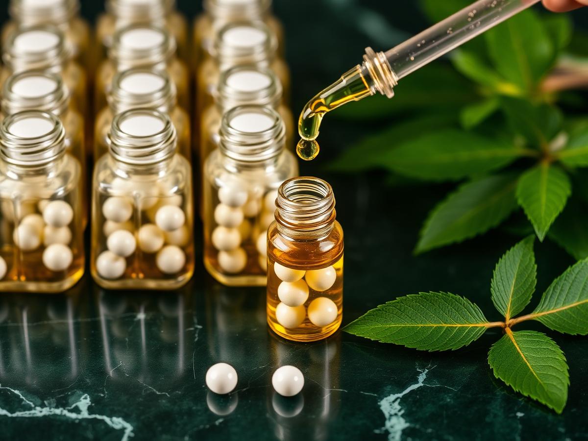 Glass vials of homeopathic globules and a dropper of mother tincture
